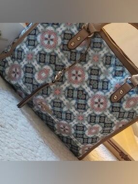 libby. edelman Blue & Pink Mosaic Tote with Tan Trim